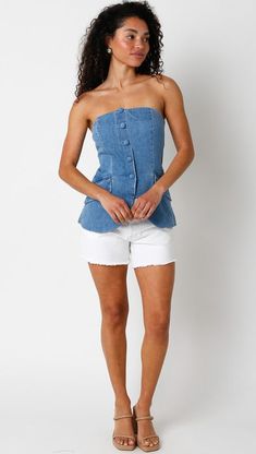 Transform your outfit with our stunning denim strapless vest! Featuring a side zipper closure and elastic back, it provides both style and comfort. Perfect for any occasion, it's a must-have addition to your wardrobe! Strapless Vest, Strapless Top Outfit, Athleisure Jumpsuit, Top Outfit, Your Outfit, Top Dress, Matching Sets, Side Zipper, Strapless Top