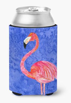 a pink flamingo can cooler on a blue background