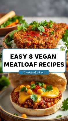 an easy and vegan meatloaf recipe on a plate with the title overlay