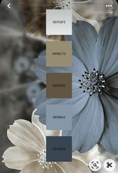 the color scheme is blue, brown, and white with some flowers in front of it