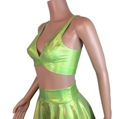 Holographic lime green spandex bralette with plenty of stretch and a ton of shimmer! Wear this bralette to a rave, music festival, running event, crossfit, roller derby, or club. Can be used as a bikini top too. Green Triangle Top Bra For Summer, Summer Green Stretch Sports Bra, Green Stretch Cropped Sports Bra, Green Cropped Stretch Sports Bra, Green Stretch Bra For Summer, Summer Stretch Green Bra, Fitted Green Bra For Summer, Green Triangle Top Crop Top For Festival, Fitted Green Crop Top For Festivals