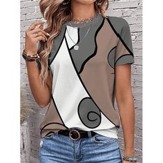 Category:T-shirt; Season:Summer; Fabric:Polyester; Sleeve Length:Short Sleeve; Look After Me:Machine wash,Washable,Wet and Dry Cleaning; Gender:Women's; Style:Casual; Elasticity:Micro-elastic; Tops Type:T shirt; Occasion:Daily; Top Length:Regular; Fit Type:Regular Fit; Pattern:Abstract; Design:Print; Neckline:Round Neck; Brand:Shall We; Listing Date:08/22/2024 Summer Stretch Printed T-shirt, Stretch Printed T-shirt For Summer, Spring Short Sleeve Non-stretch T-shirt, Gray Printed Summer Top, Non-stretch Trendy Spring T-shirt, Trendy Non-stretch Spring T-shirt, Trendy Summer T-shirt, Trendy Non-stretch T-shirt For Summer, Trendy Crew Neck T-shirt