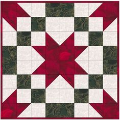 a red and green quilted table topper with a star on the center piece