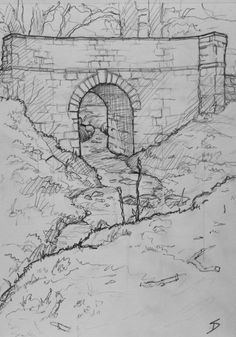 a drawing of an old brick bridge with a stone arch on the side and water running under it