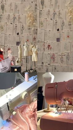 sewing machines and mannequins on display in front of wallpapered walls