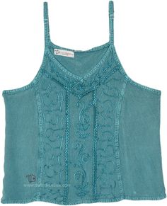 A turq soft tank top with around-the-neck embroidery, and three panels in the front.  It comes in one size and has flexible straps. #tlb #Sleeveless #beachwrap #bohemianfashion #Handmade #BohemianTop Turquoise Cotton Beach Tops, Green Halter Neck Camisole For Summer, Fitted Embroidered Tank Top For Beach, Green Bohemian Cami Tank Top, Bohemian Green Cami Tank Top, Blue Spaghetti Strap Tank Top For Beach Season, Blue Camisole Halter Top For Summer, Embroidered Beach Tank Tops, Embroidered Tank Top For The Beach