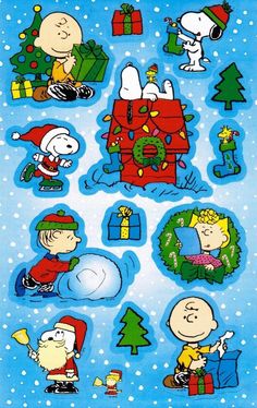 peanuts christmas stickers on a blue background