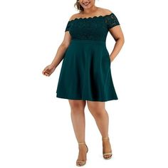 Manufacturer: City Studios Style Type: Fit & Flare Dress Collection: City Studios Sleeve Length: Off-The-Shoulder Material: 92% Polyester/8% Spandex Fabric Type: Crepe Specialty: Mixed Media Sku: BH5717607 Size: 16W.  Color: Green.  Gender: female.  Age Group: adult. Holiday Dresses Women, Pine Green, Blue Mini Dress, Review Dresses, Studio City, Strapless Mini Dress, 70 Dress, Polyester Dress, Lace Bodice