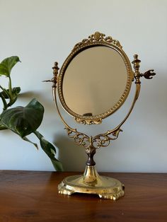 a mirror sitting on top of a wooden table next to a potted green plant