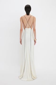 Gathered Shoulder Floor-Length Cami Gown In Ivory Crossed Back Dress, Victoria Beckham Gown, Rhw Style, Backless White Dress, Original Wedding Dress, Black And White Gown, Minimal Wedding Dress, Victoria Beckham Dress, Fashion Feminine