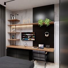 a bedroom with a bed, desk and shelves