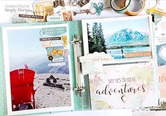 an assortment of scrapbook pages are displayed on a desk with scissors and other items