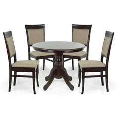 a dining table with four chairs and a small round table on one side, along with two beige upholstered chairs