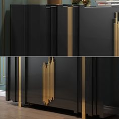 the sideboard is black and gold in color