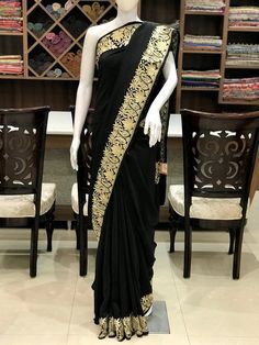 Pure Crepe Zari Embroidered Kashmiri Saree, Women Indian Ethnic, Traditional Outfit, Kashmir embroid Kashmiri Saree, Kashmir Embroidery, Saree Women, Womens Black Coat, Zari Embroidery, Sari Dress, Traditional Outfit, Bohemian Women, Ethnic Dress