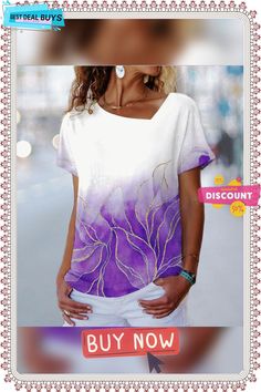 Women's T Shirt Tee Pink Blue Purple Graphic Print Short Sleeve Casual Weekend Basic V Neck Regular Abstract Painting S Purple V-neck Top With Graphic Print, Summer Crew Neck Blouse In Purple, Summer Purple Blouse With Crew Neck, Purple Crew Neck Blouse For Summer, Purple Graphic, Casual Weekend, Basic Tops, Blue Purple, Printed Shorts