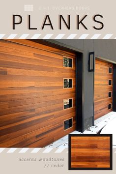 contemporary garage door faux wood planks style 3 Car Garage Doors Ideas, Exterior Farmhouse Design Ideas, Garage Exterior Color Ideas, Garage With Front And Back Doors, Wood Like Garage Doors, Diy Modern Garage Door, 2 Car Garage Doors, Wood Finish Garage Door, Garage Door Inspiration