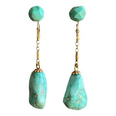 Persian Turquoise + 14k Gold Drop Earrings on Chairish.com Single Briolette Earring In Yellow Gold, Yellow Gold Briolette Single Earring, Unique Clip-on Drop Earrings, Handmade Briolette Earrings For Formal Occasions, Briolette Fine Jewelry Earrings, Turquoise Fine Jewelry Earrings For Pierced Ears, Fine Jewelry Turquoise Earrings, Turquoise Drop Earrings For Formal Occasions, Turquoise Pierced Earrings For Formal Occasions