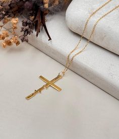 Personalized Cross Necklace in 14K Solid Gold, Engraved Cross Necklace with Name, Large Cross Necklace, Cross Name Necklace, Baptism Gift ♡The best and most valuable way to make a memory of your name or the name of your loved ones, as well as to show your uniqueness. ♡Carry the name of your loved ones or give them a gift that will bear your name. ♡No matter when and where you are, you will always remember the important person in your life, because you are not alone and there is someone you miss. Personalized Cross Pendant Jewelry For Memorial, Engraved Cross Pendant Necklace As Gift, Personalized Gold Spiritual Jewelry And Charms, Engraved Cross Necklace For Anniversary, Engraved Cross Jewelry For Memorial, Hallmarked Crucifix Necklace For Anniversary, Personalized White Gold Cross Necklace, Personalized Rose Gold Cross Jewelry, Engraved Crucifix Necklace For Anniversary