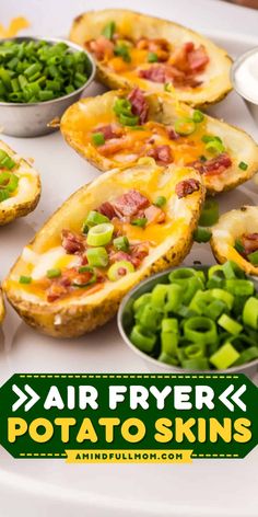 Loaded with bacon and cheese, these Air Fryer Potato Skins are ultra crispy and insanely irresistible. Air Fryer Potato Skins, Air Fryer Potato, Potatoe Skins Recipe, Card Night, Potato Skin