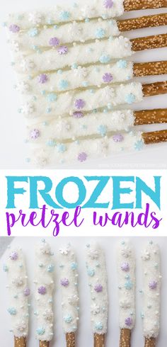 the frozen pretzel wands are made with gold and white glitter, and have snowflakes on them