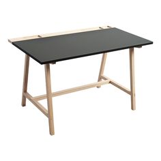 a black table sitting on top of a white floor next to a wooden frame and legs