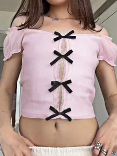 Kawaii Sweet Cute Bow Hollow Out Top - AnotherChill Hollow Out Top, Summer Chic Outfit, Adrette Outfits, 90s Y2k Fashion, Alt Clothes, Pastel Goth Fashion, 2000s Outfits, Baby Tees Y2k, Y2k Preppy