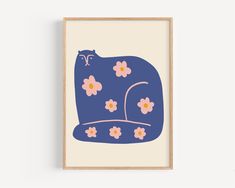 a blue cat with pink flowers on it's back