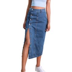 Blue Button Split High Waist Maxi Skirt High Waist Denim Skirt, Womens Denim Skirts, High Waist Long Skirt, 90s Trends, Long Denim Skirt, High Waisted Maxi Skirt, High Waist Denim, Langer Rock, Long Skirts For Women