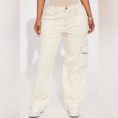 Fashion Nova Ivory Cargos With Brown Stitching Size 1 New With Tags (Brand New) High Waisted Wide Legged Cream Cargo Pants With Side Pockets For Spring, High Waist Cream Cargo Pants With Multiple Pockets, High Waist Cream Cargo Pants With Pockets, High Waist Cream Cargo Pants, High Waist Cream Pants With Pockets, Trendy Cream Bottoms With Pockets, Fitted Beige Cotton Cargo Pants, Cream Pants With Side Pockets For Spring, Fitted Cream Bottoms With Pockets