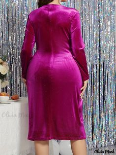 Olivia Mark - Plus Size Party Dress, Women's Plus Solid Velvet Glitter V Neck Split Hem Long Sleeve Dress Winter Prom Sequin Dress, Winter Purple Party Dress, Winter Party Dress With Glitter, Glitter Party Dresses For Winter, Winter Holiday Party Glitter Dresses, Purple Party Dress For Fall, Fall Purple Party Dress, Winter Party Midi Dress With Sequins, Festive Long Sleeve Midi Party Dress