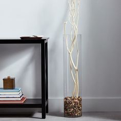 there is a vase with branches in it next to a book shelf and a lamp