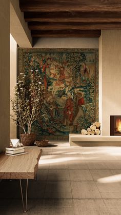 a living room with a large tapestry on the wall next to a fire place and couch