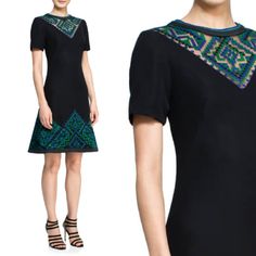 A Cocktail Dress Like No Other, Our Sheath Dress Features Tribal-Motif Embroidered Over Crepe And Tulle On The Skirt And The Neckline. Short Sleeves Make This An Easy And Stylish Option. Color: Jungle Green Size: Xxs Elegant Embroidered Dress With Geometric Embroidery, Fitted Evening Dresses With Embroidered Neckline, Elegant Multicolor Embroidered Dress, Fitted Knee-length Embroidered Dress, Elegant Fitted Dress With Geometric Embroidery, Formal Fitted Dress With Embroidered Neckline, Traditional Fitted Dress With Geometric Embroidery, Fitted Traditional Dress With Geometric Embroidery, Festive Short Sleeve Embroidered Dress