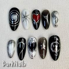 Gothic Nail Art Short, Black Polish Nail Designs, Black Red White Nails, Dark Nail Art Designs, Punk Rock Nails, Black Fingernails, Ongles Goth, Red Heart Nails, Press On Nails Design