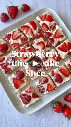 strawberry cheesecake slice on a plate with strawberries next to it and the title overlay reads, strawberry cheesecake slice