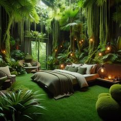 a bedroom with lush green plants and lights on the ceiling is lit up by candles