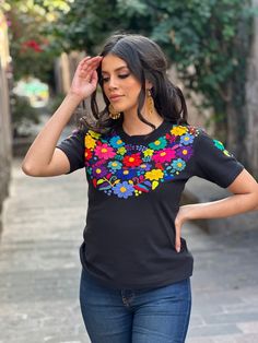 Multicolor Bohemian Relaxed Fit T-shirt, Multicolor Floral Embroidery T-shirt For Summer, Bohemian Style Multicolor Relaxed Fit T-shirt, Bohemian Multicolor Relaxed Fit T-shirt, Summer T-shirt With Multicolor Embroidery, Summer T-shirt With Multicolor Embroidery And Short Sleeves, Summer Multicolor Embroidered Short Sleeve T-shirt, Traditional Embroidered Cotton T-shirt, Traditional Cotton Crew Neck Top