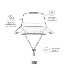 One of our Best Sellers. The Chestnut bucket hat has a frayed edge on the brim and a contrast natural colour. Elasticated toggle around the head for the perfect fit. Cord and toggle under the chin to keep the hat in place. Wide brim (Measures for each size S: 5.5cm, M: 6cm, L: 7cm, XL: 7.5cm). Material: 100% Cotton Twill outer and 100% cotton lining. Rated UPF50+ sun protection. Bucket Hat Technical Drawing, How To Draw A Bucket Hat, Hat Technical Drawing, Bucket Hat Sketch, Bucket Hat Tattoo, Bucket Hat Illustration, Bucket Hat Drawing, Kids Sun Hats, Cool Bucket Hats