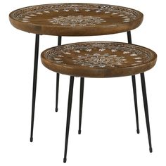 two wooden tables with metal legs and floral designs on the top, one is brown