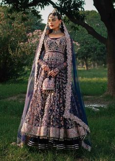 Luxurious Pakistani Bridal Outfit in Pishwas Style Bride Things, Bridal Sharara, Hussain Rehar, Pakistani Bridal Dress, Reception Outfit, Bridal Dupatta, Pakistani Designer Clothes, Blue Organza, Indian Brides