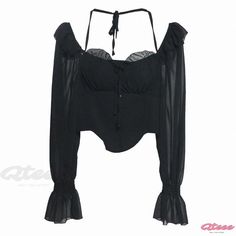 Qteee - Professional Shoulder Strap Long Sleeve Chiffon Blouse with Backless Design and Chest Padding Chiffon Long Sleeve Tops For Night Out, Gothic Mesh Top For Summer Party, Gothic Sheer Tops For Party, Gothic Party Tops With Sheer Sleeves, Gothic Sheer Top For Party, Gothic Tops With Sheer Sleeves For Night Out, Gothic Tops With Sheer Sleeves For Spring, Fitted Gothic Mesh Top For Summer, Fitted Gothic Blouse For Summer