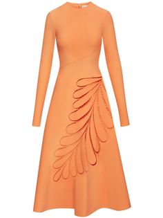 apricot orange virgin wool blend cut-out detailing concealed rear zip fastening round neck long sleeves straight hem below-knee length Apricot Orange, Oscar Fashion, Wardrobe Edit, City Dress, Dress Orange, Long Sleeve Midi, Exclusive Fashion, Long Sleeve Midi Dress, Cocktail Dress Party