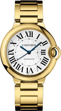 Cartier - Ballon Bleu de Cartier watch - Watch Gold - Ballon Bleu de Cartier watch, 36 mm, mechanical movement with automatic winding. 18K yellow gold case and fluted crown set with a cabochon sapphire. Silver guilloché dial. Blued-steel sword-shaped hands. Sapphire crystal. 18K yellow gold interchangeable bracelet. Case thickness: 12.1 mm. Water-resistant up to 3 bar (approx. 30 meters/100 feet). Interchangeable Bracelet, Swiss Luxury, Cartier Ballon Bleu, Cartier Watch, Womens Watches Luxury, Free Bracelet, Leather Bag Women, Mechanical Movement, Gold Branding