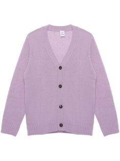 purple wool blend long sleeves front button fastening V-neck ribbed cuffs and hem Winter Fine Knit V-neck Cardigan, Winter V-neck Fine Knit Cardigan, Fine Knit V-neck Winter Cardigan, Fine Knit V-neck Cardigan For Winter, V-neck Fine Knit Cardigan For Winter, Fine Knit V-neck Winter Outerwear, Spring Merino Wool Cardigan With Ribbed Cuffs, Purple Long Sleeve Cardigan With Button Closure, Purple Winter Workwear Cardigan