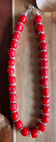 Unique and bold necklace with silver beading Silver Necklace With Polished Red Coral Beads, Handmade Silver Beaded Necklaces With Red Coral, Red Coral Beaded Necklace With Spacer Beads, Red Beaded Necklace With Silver Beads, Red Coral Necklace, Bold Necklace, Gilbert Az, Coral Jewelry, Coral Necklace