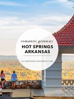 two people sitting on a bench in front of a gazebo with the words romantic getaway hot springs arkanas