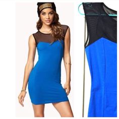 Sexy Royal Blue Colored Dress With Black Mesh At Top From Forever 21. Bodycon Style Sleeveless With A Romantic Sweetheart Neckline, Color-Block. No Zippers, Stretchy Material Body Hugging. Vertical Lining For A Slimming Effect. New With Tag, Price Is Cut. Questions Welcomed. Forever 21 Bodycon Dress For Date Night, Casual Forever 21 Bodycon Dress For Night Out, Trendy Fitted Forever 21 Bodycon Dress, Chic Fitted Bodycon Dress By Forever 21, Trendy Forever 21 Bodycon Summer Dress, Trendy Forever 21 Bodycon Dress For Summer, Forever 21 Trendy Bodycon Dress For Date Night, Forever 21 Stretch Mini Dress For Night Out, Sleeveless Blue Mini Dress Forever 21