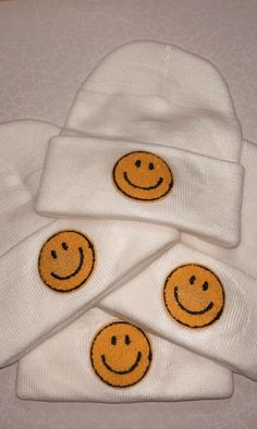 White beanie with a smiley on the front. Super soft and cozy, gender neutral White Beanies, Skull Cap Beanie, Skull Cap, Smiley, Caps Hats, Accessories Hats, Winter Hats, Gender Neutral, Hats