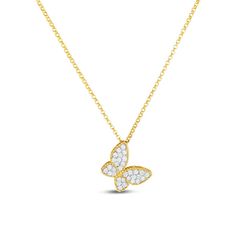 This necklace from Roberto Coin features a butterfly in flight, suspended on a precious metal chain. Crafted in 18K gold, the majority of the piece is warm, yellow gold, with white gold beneath the dazzling diamonds that decorate the creature's wonderful wings. This Roberto Coin pendant necklace is a great choice for nature-lovers. Butterfly In Flight, Diamond Butterfly Necklace, Diamond Butterfly, Coin Pendant Necklace, Roberto Coin, Warm Yellow, Gold Butterfly, Butterfly Charm, Butterfly Necklace